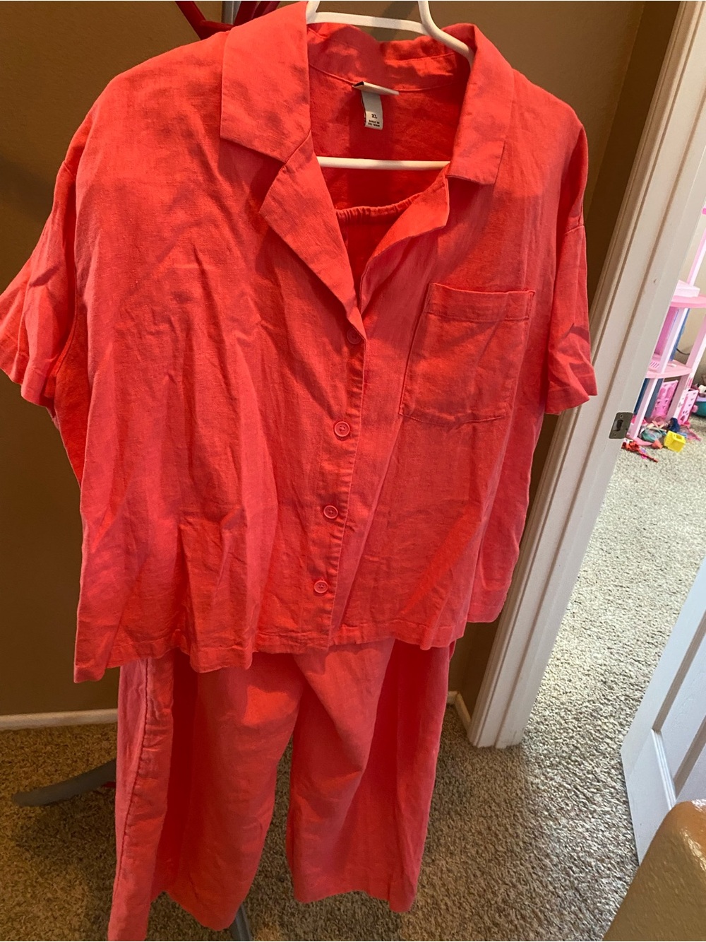 Women's Coral Button-Up 2 pc Linen Set